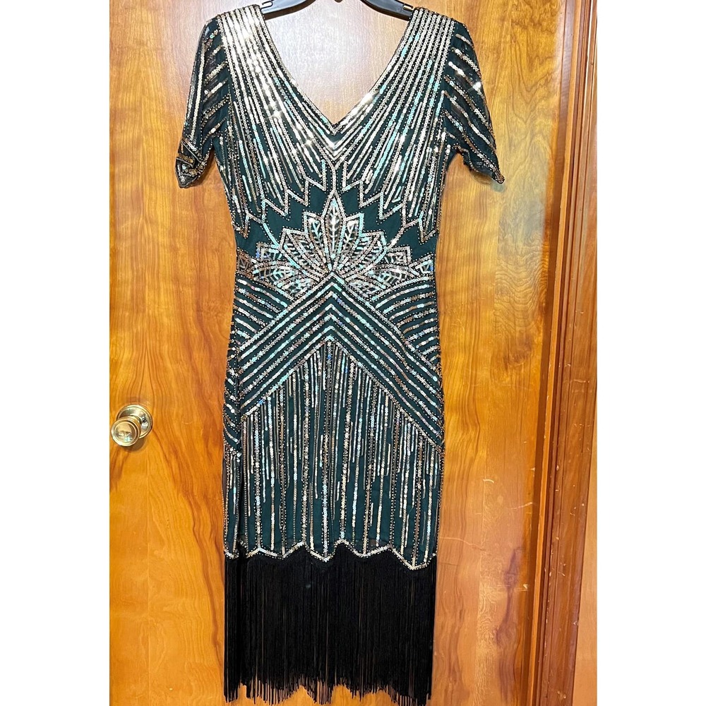 BabeBeyond 20s Design Flapper Dress Green Fringed Sequined Size Small NWT